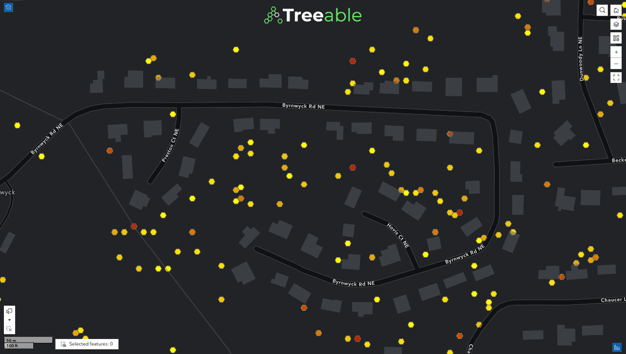 Street-level hex bins of tree stress scores over a residential road network